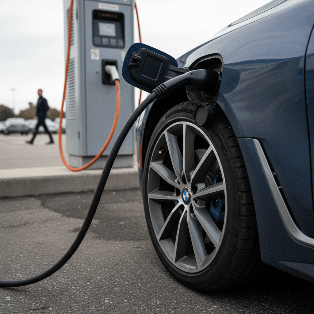 2024 BMW i4 plugged into a DC fast charger, showing charge port and wheel