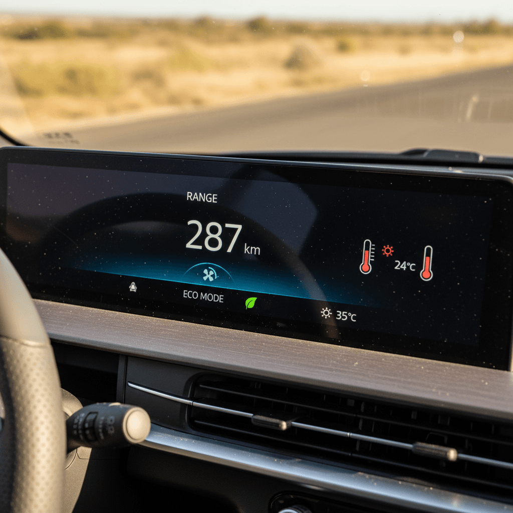 Electric vehicle dashboard showing remaining range, outside temperature, and eco climate control active on a hot summer day