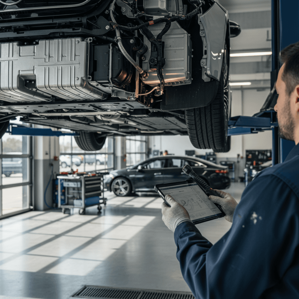 Technician inspecting a Mercedes EQS on a lift in a modern service center