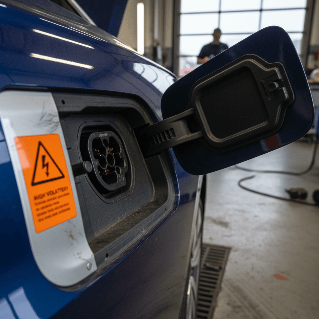 Technician inspecting a Volkswagen ID.4 battery and charging system on a lift