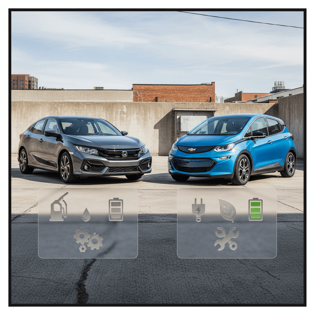 Side-by-side illustration of a Honda Civic and Chevrolet Bolt EV with icons showing differences in fuel, maintenance, and electricity costs over time.