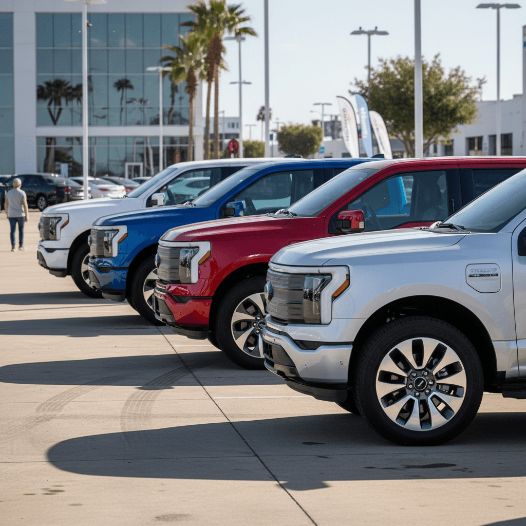 Four Ford F-150 Lightning trucks showing differences in exterior wheels and trim levels parked in a row