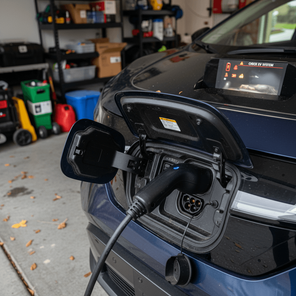 Close-up of a 2024 Nissan Ariya charging with dash warning lights illuminated, suggesting electrical or 12V battery issue