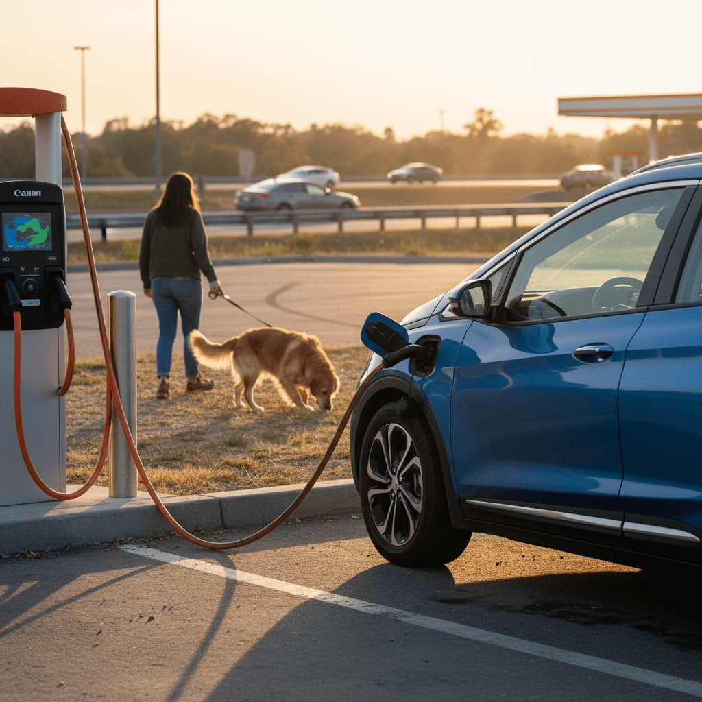 Chevrolet Bolt EV charging at a highway DC fast charger during a road trip with luggage visible in the trunk
