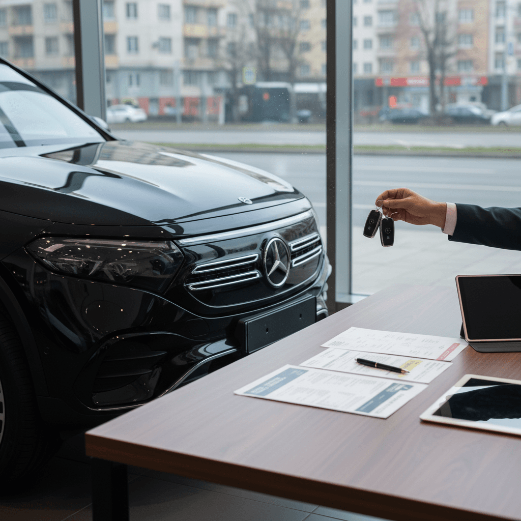 Driver finalizing sale paperwork for a Mercedes EQB electric SUV, handing keys across a desk