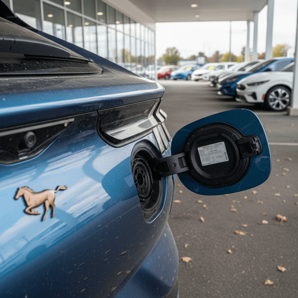 Ford Mustang Mach-E rear badge and charge port at a used EV dealership lot