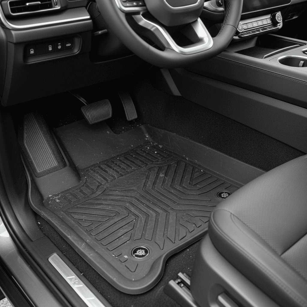 Close-up of Rivian R1S driver footwell showing custom-fit all-weather floor mat with raised edges and secure retention clips