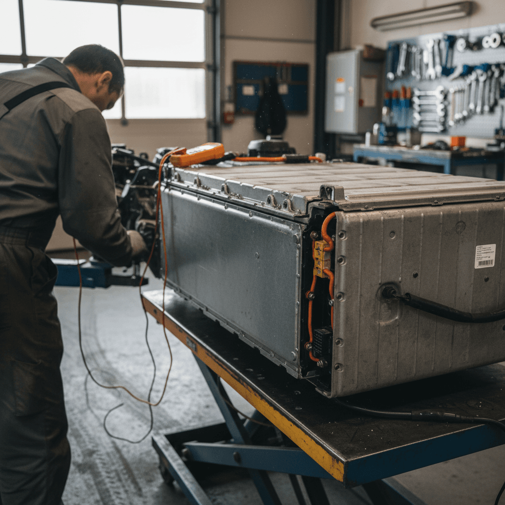 Technician inspecting the underside of an electric car on a lift to check battery and chassis condition