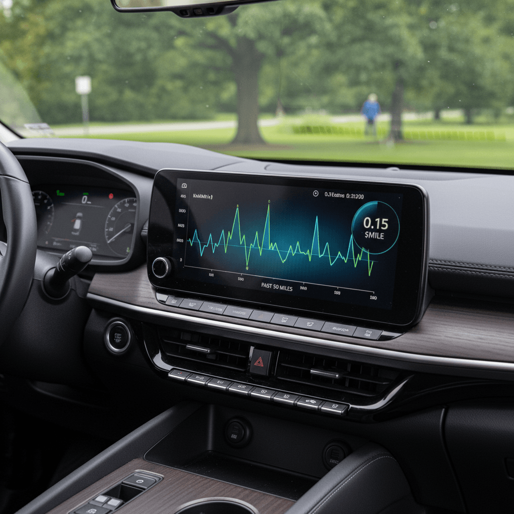 Nissan Ariya driver display showing live energy consumption and cost per mile estimate on a digital screen