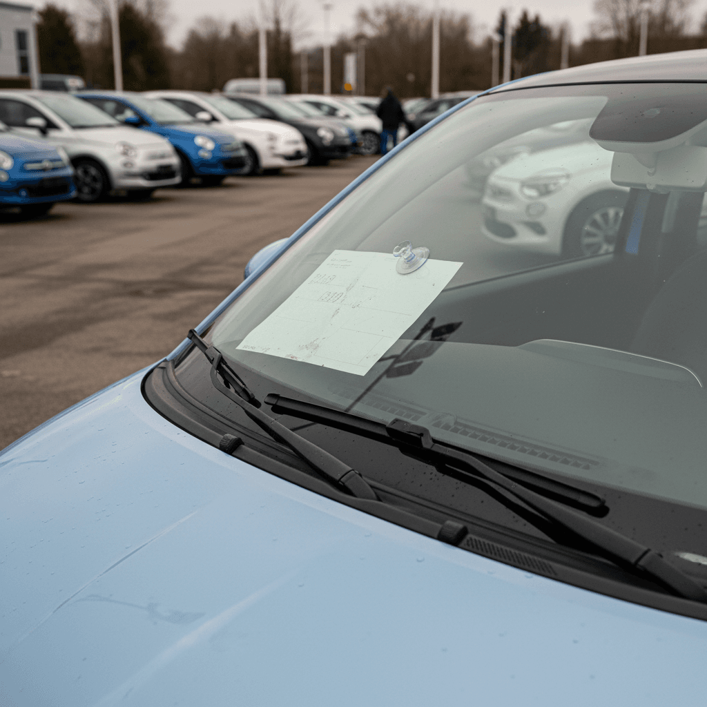 Used Fiat 500e hatchbacks lined up on a dealer lot with price stickers in the windows