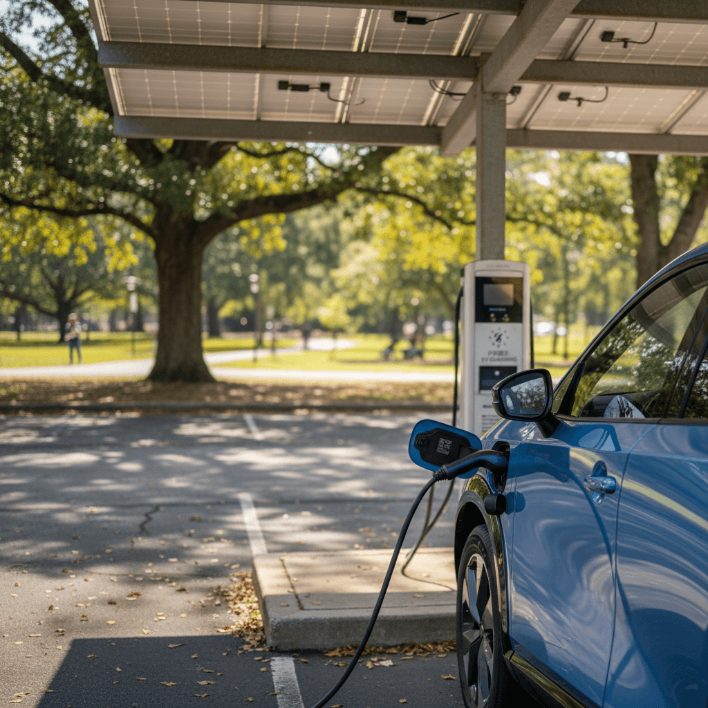 EV plugged into a solar-powered charging station at a Raleigh city park parking lot