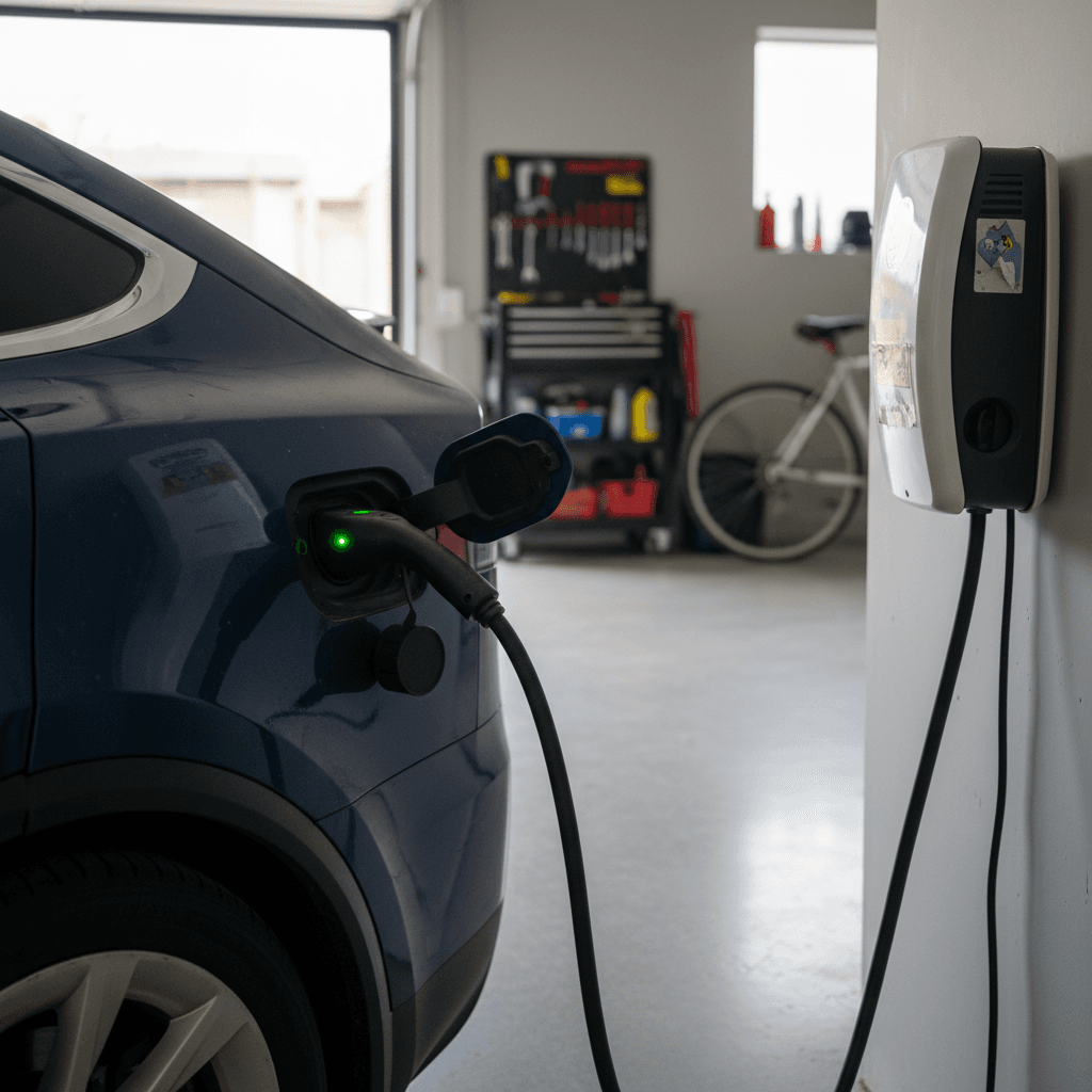 Used Tesla Model X charging in a modern home garage, highlighting long term ownership