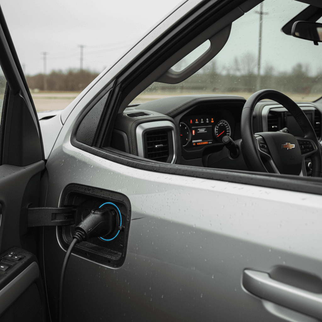 Chevy Silverado EV plugged into a DC fast charger with warning lights showing on the dashboard