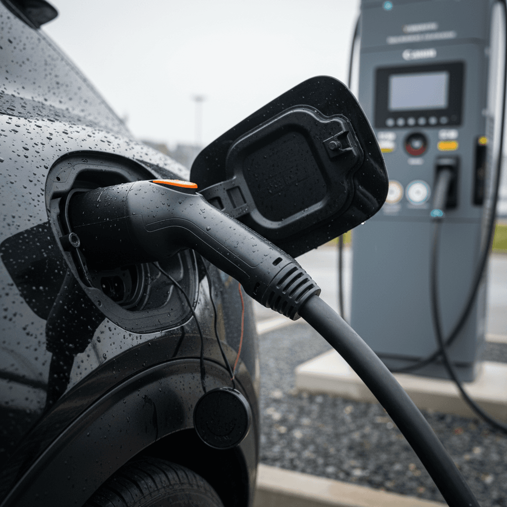 Kia EV6 plugged into a DC fast charger with charging status visible on the cluster