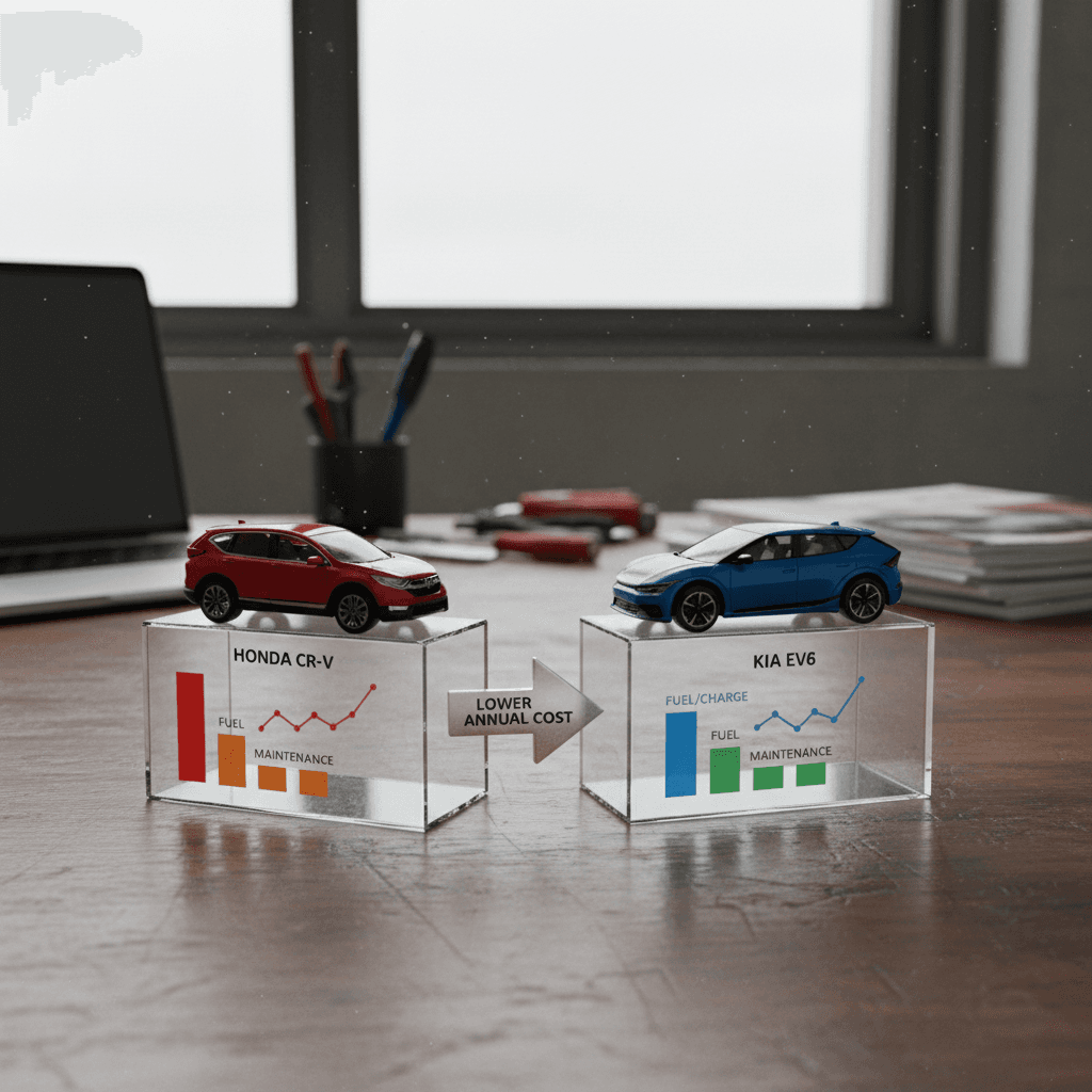 Side-by-side bar chart comparing annual fuel and maintenance costs of a Honda CR-V and Kia EV6