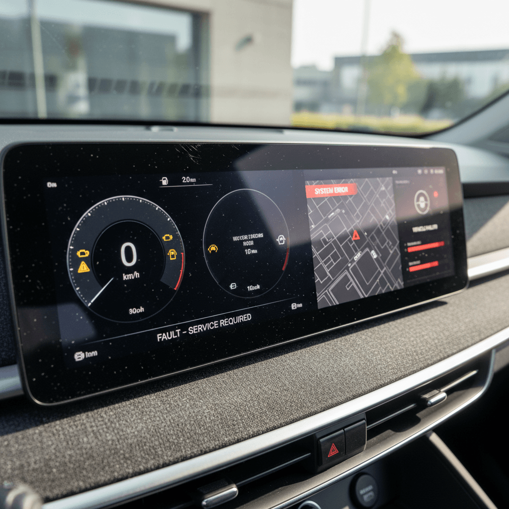 Digital instrument cluster and central touchscreen of a Polestar 2 showing warning icons and navigation