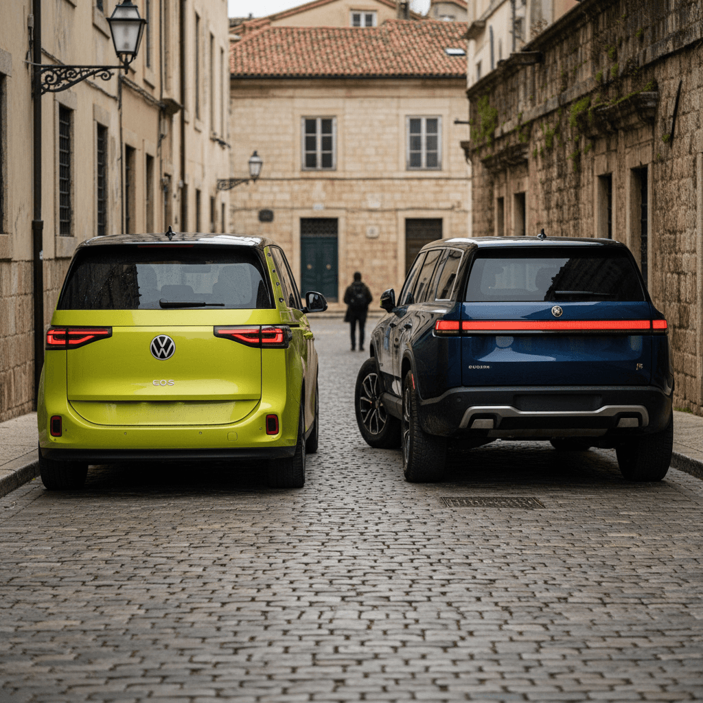 Side-by-side comparison of Volkswagen ID. Buzz and Rivian R1S showing their height, length and cabin silhouettes