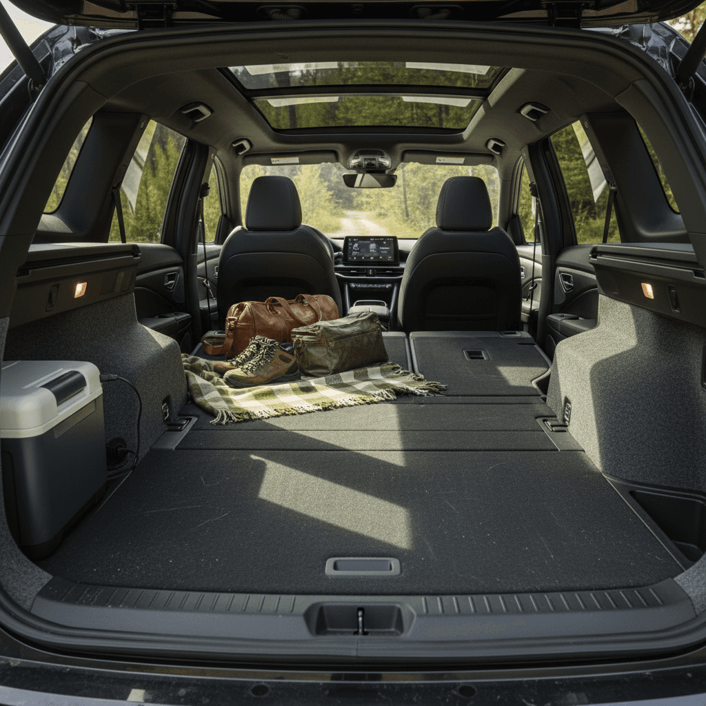 Cargo area of a 2-row electric SUV with rear seats folded flat to show generous storage space for luggage and gear