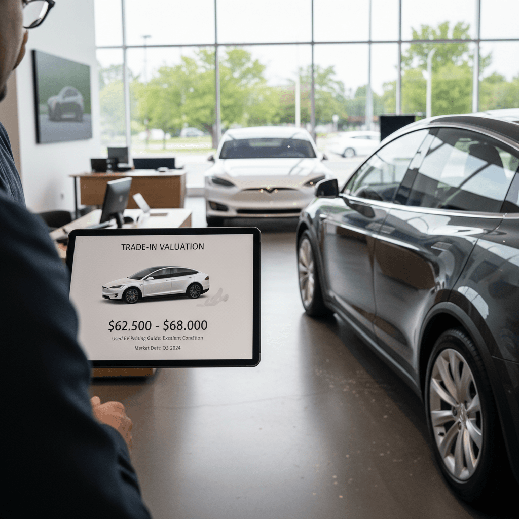 Customer reviewing 2021 Tesla Model X trade-in value on a salesperson’s tablet inside a modern EV showroom