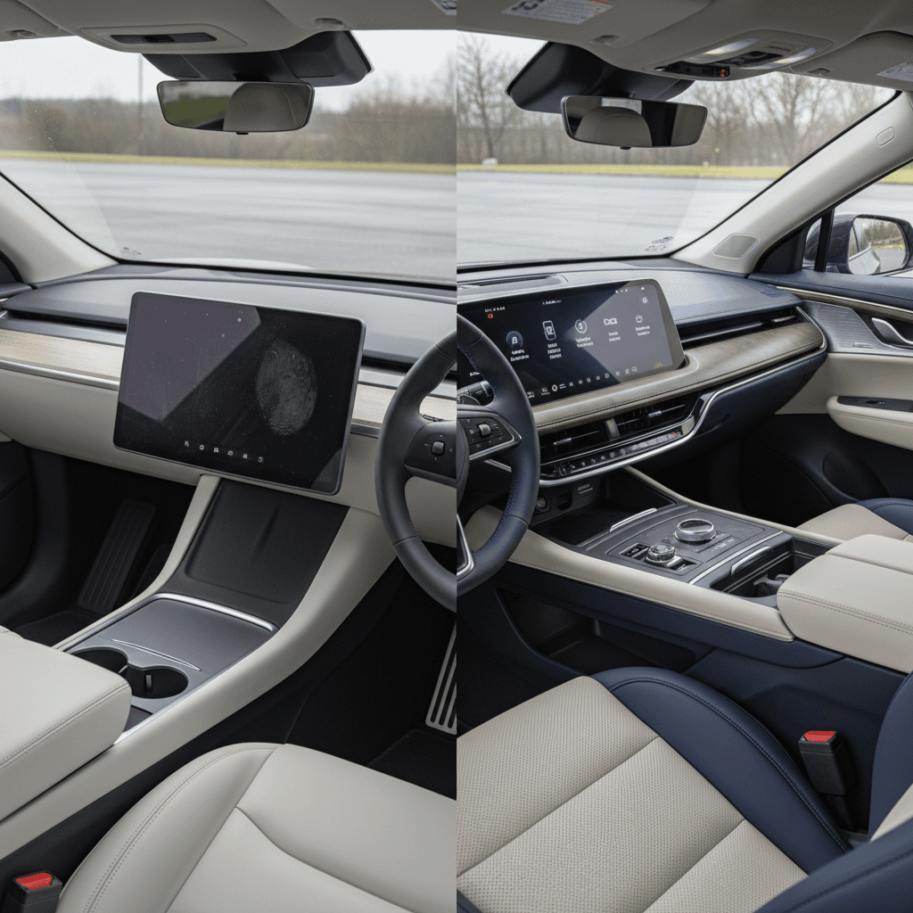 Side-by-side view of Tesla Model Y and Cadillac Lyriq interiors showing minimalist versus luxury lounge design