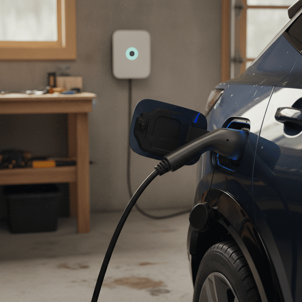 Nissan Ariya charging at a Level 2 wallbox in a home garage