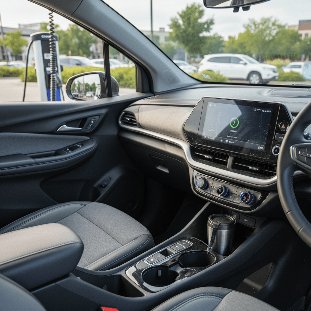 2023 Chevrolet Bolt EUV interior with driver using large central touchscreen while parked at public charging station