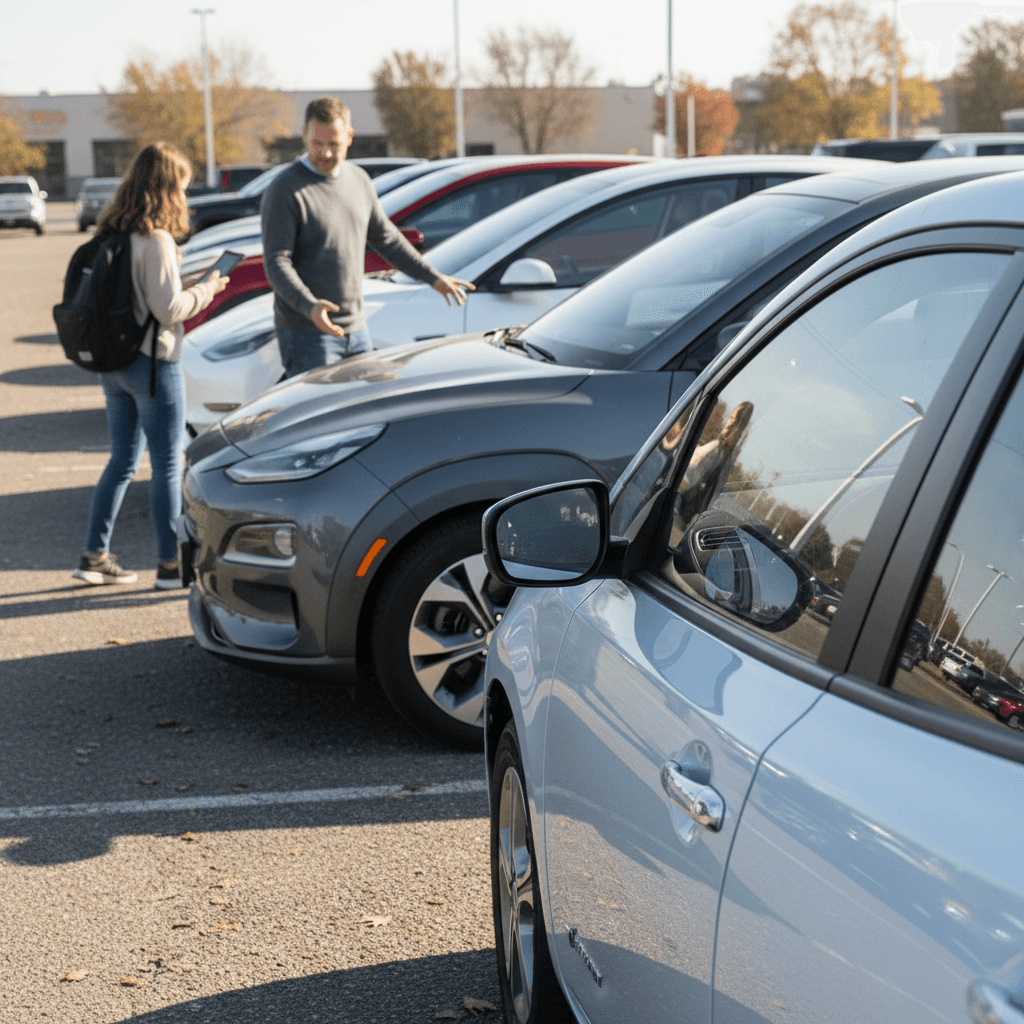 Row of compact used electric hatchbacks and small SUVs parked in a dealership-style lot, ideal for teen drivers