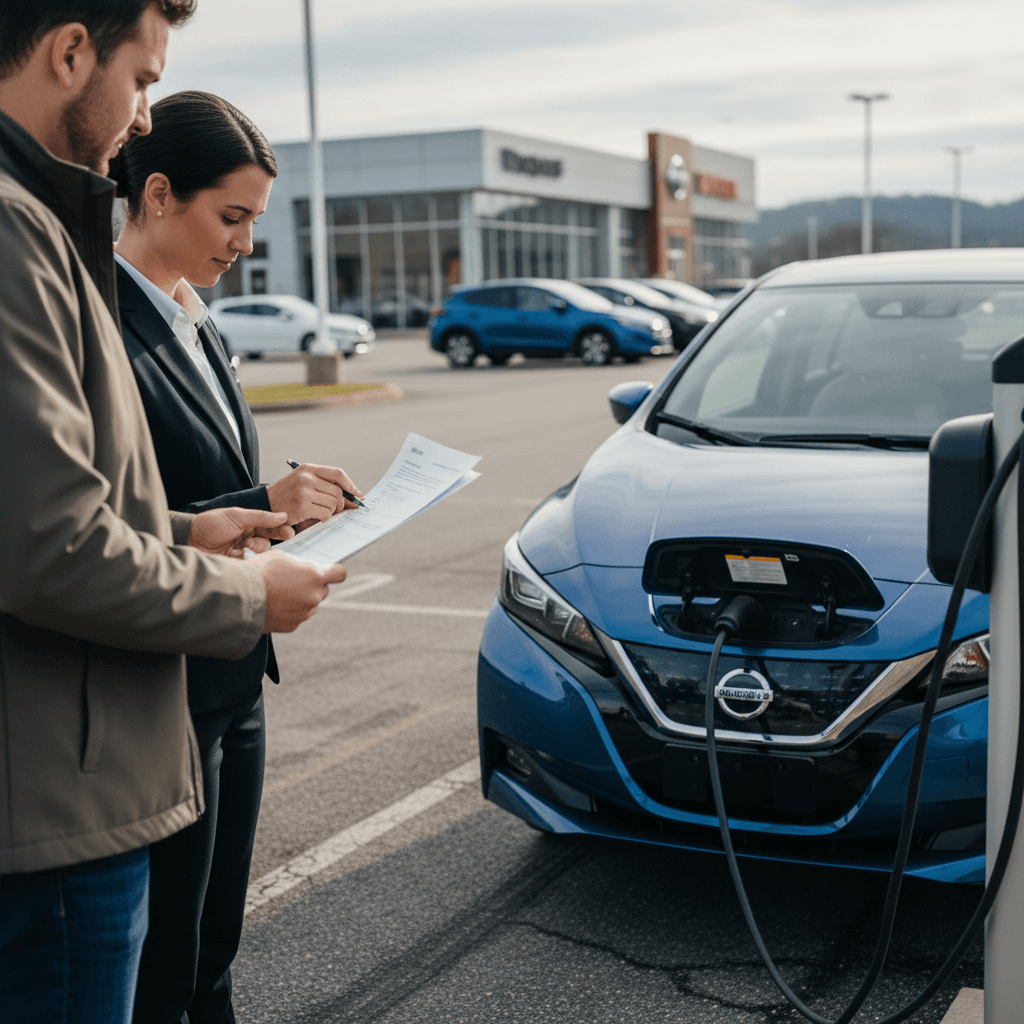 Tennessee car shopper reviewing EV lease paperwork next to an electric SUV plugged into a charger at a dealership