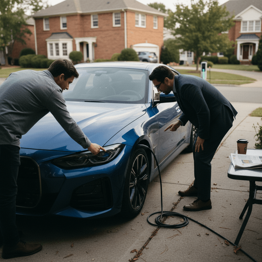 Seller and buyer examining a used 2023 BMW i4 before agreeing on a sale price