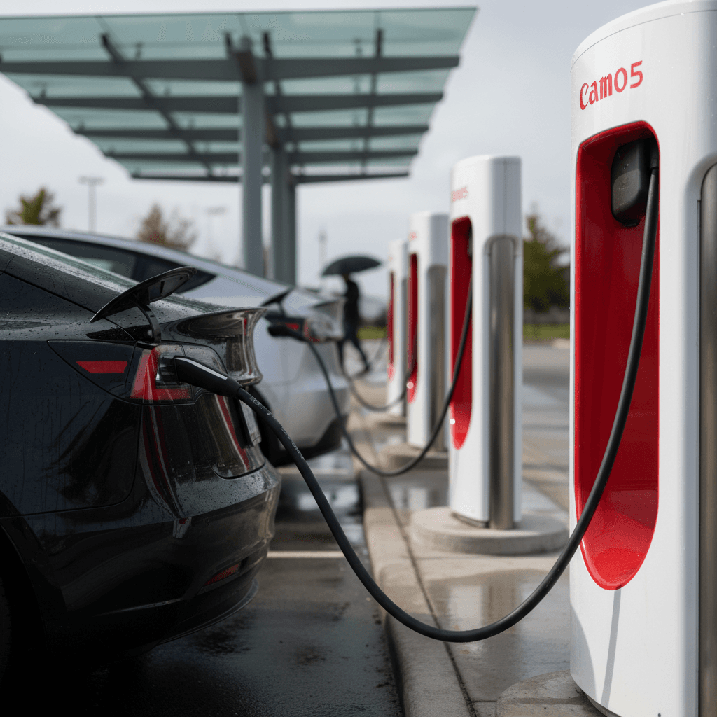 Modern EV charging hub at night with multiple fast chargers in use