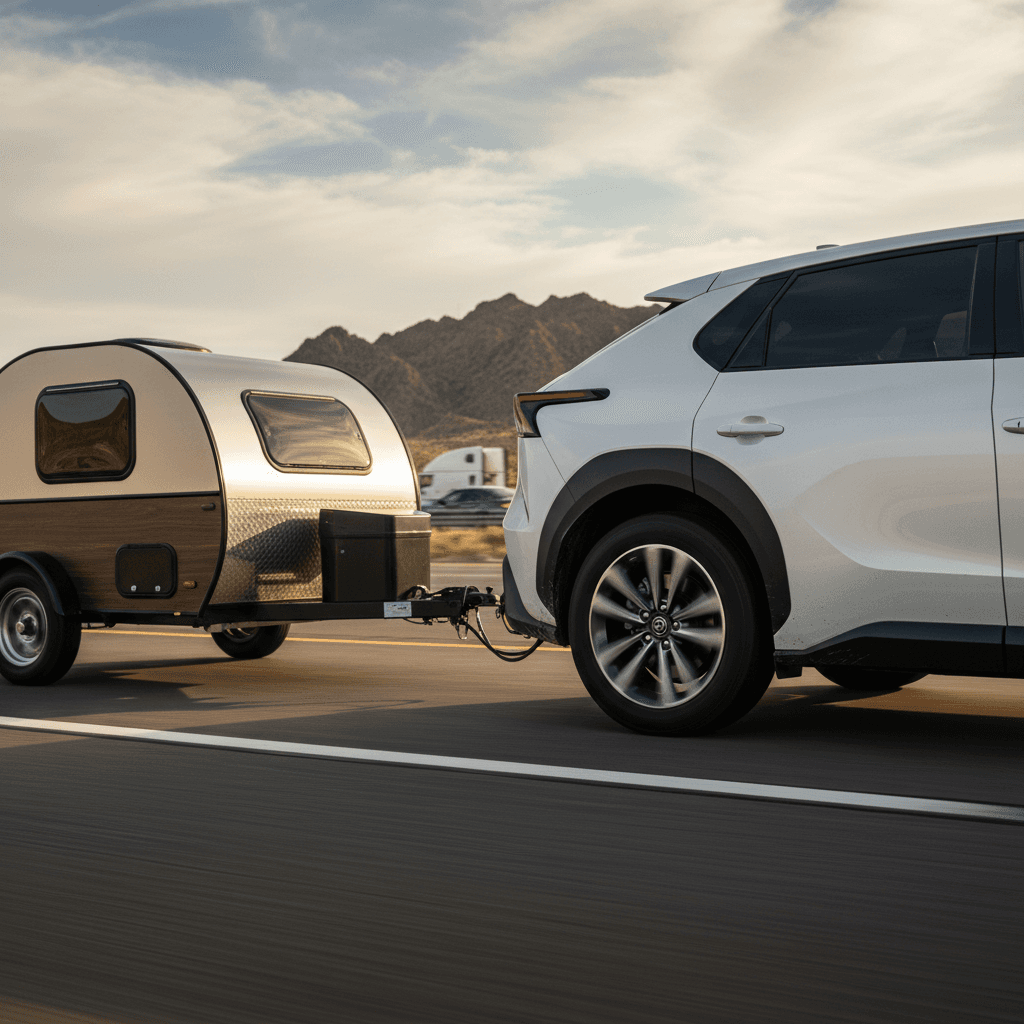 Toyota bZ4X towing a small camping trailer on the highway, illustrating EV range impact when towing