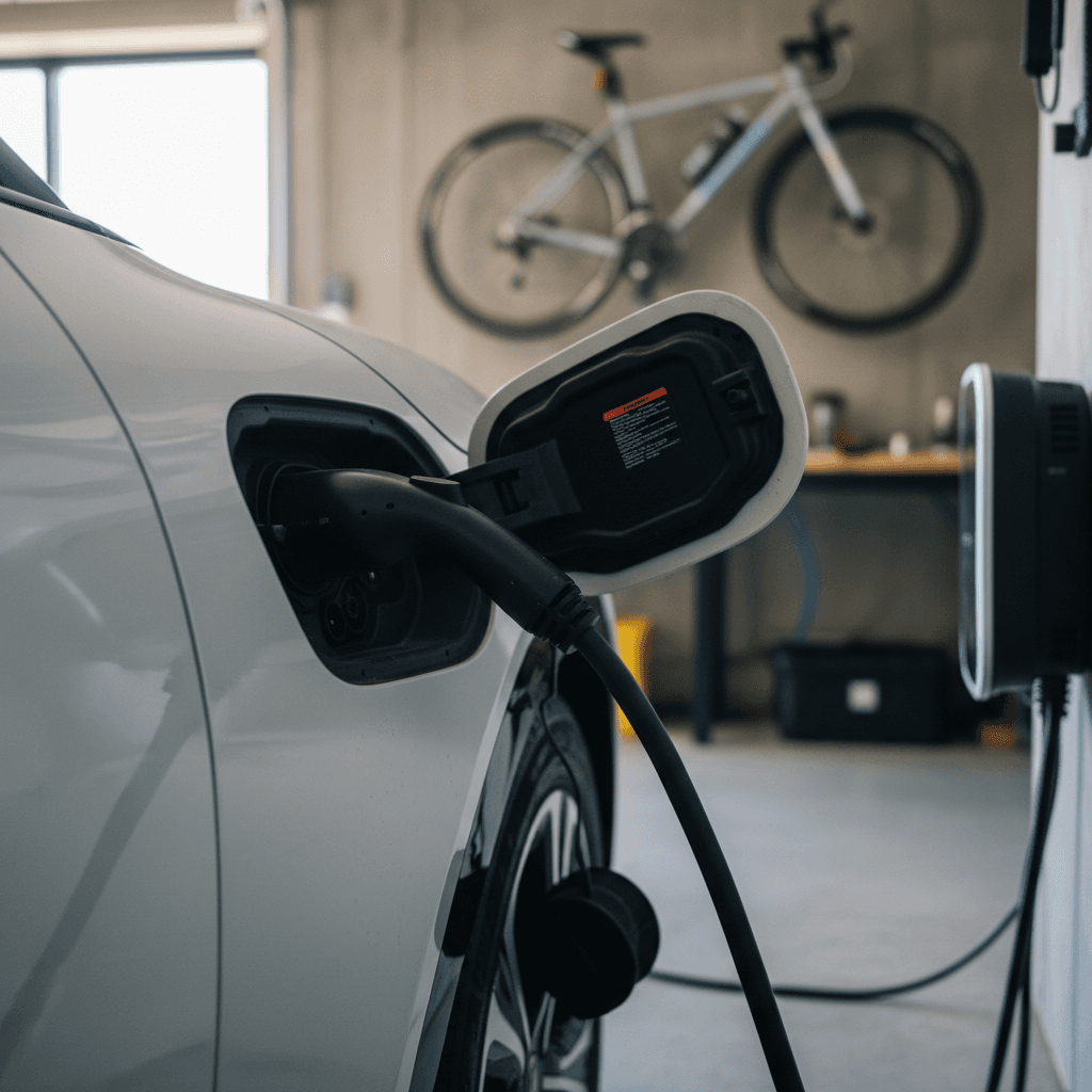 Home charging setup with a Kia EV6 plugged into a wall-mounted Level 2 charger in a modern garage