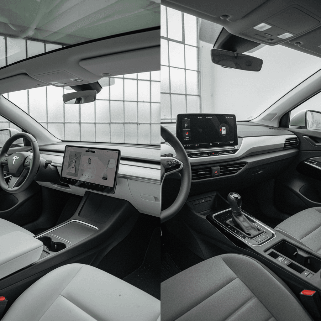 Side by side comparison of Tesla Model Y and Volkswagen ID.4 interiors, highlighting minimalist Tesla dash and more traditional Volkswagen layout