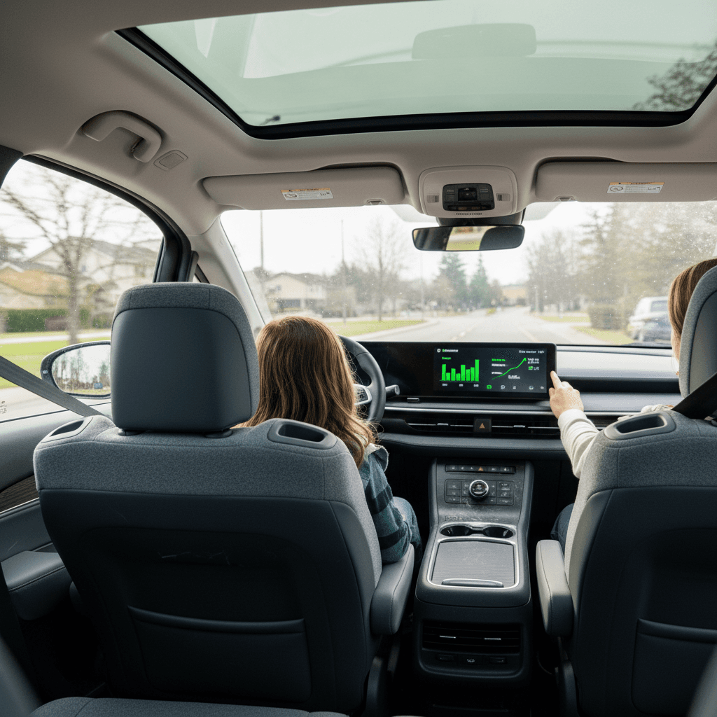 Electric car energy consumption gauge on dashboard showing kWh per 100 miles