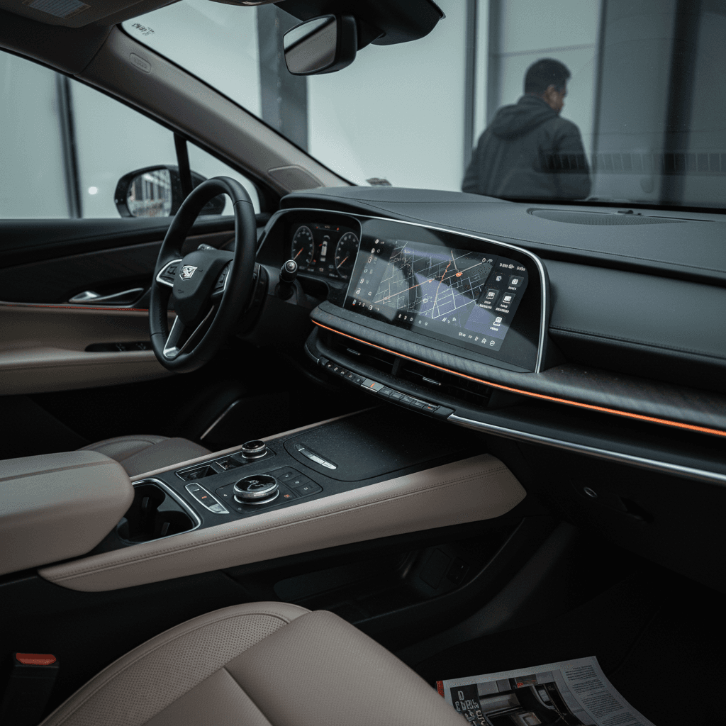 2025 Cadillac Lyriq interior with sweeping curved display, ambient lighting and floating center console