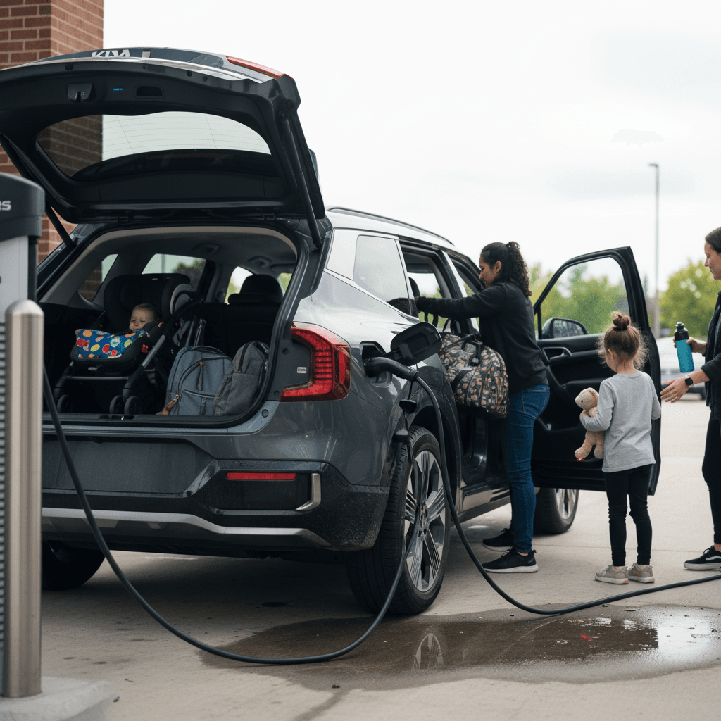Family loading kids into a three-row electric SUV plugged into a fast charger