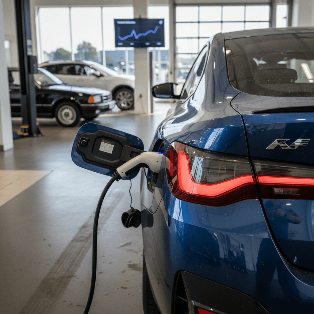 BMW i4 rear quarter view plugged into a charger while being appraised for trade in at a dealership