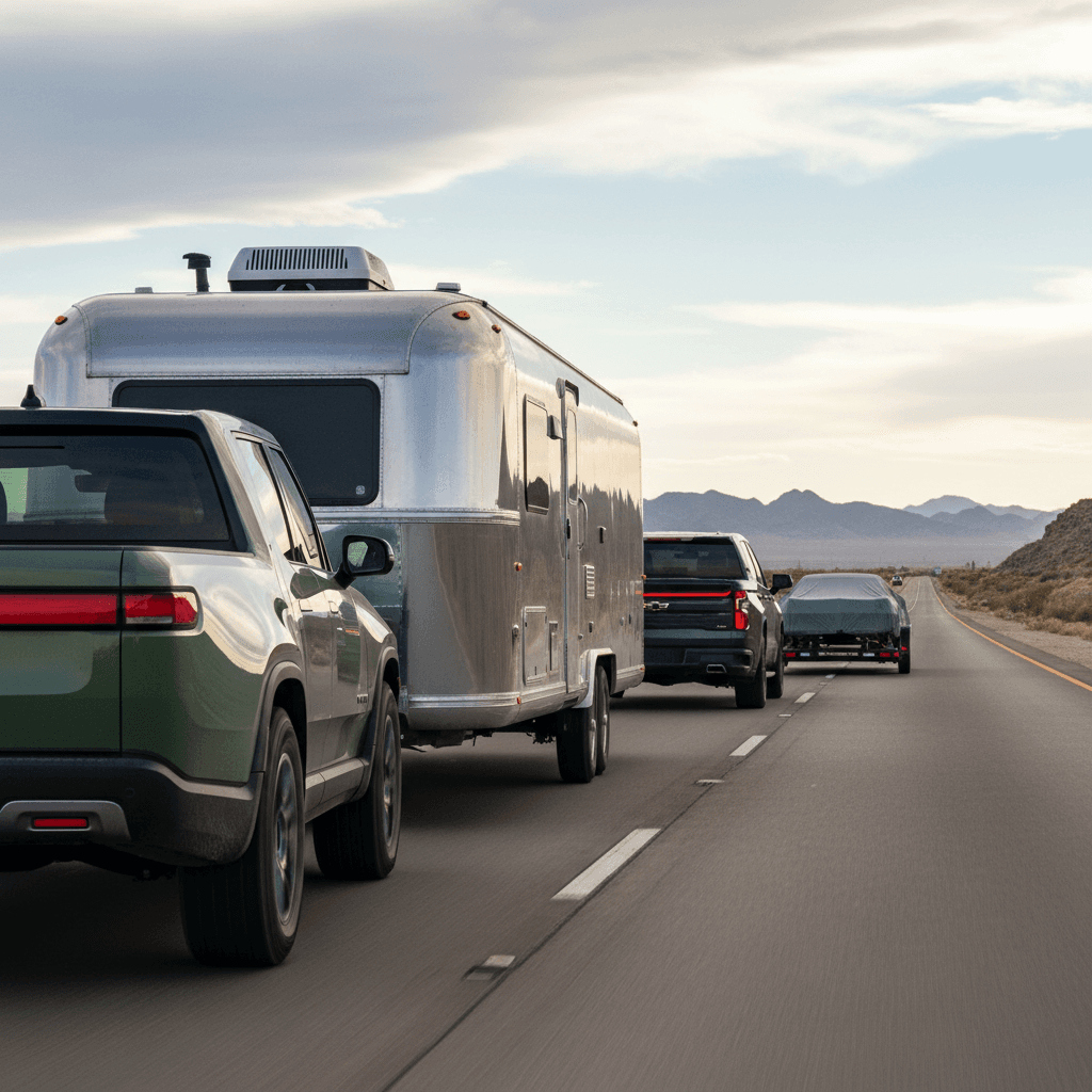 Rivian R1T and Chevrolet Silverado EV towing campers on a highway, illustrating real-world range impact while towing