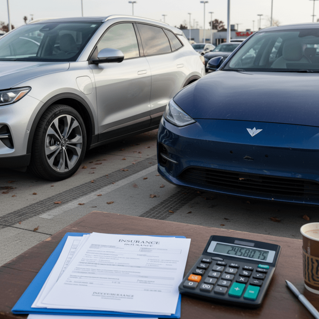 New and used electric vehicles parked side by side on a lot with insurance paperwork on a clipboard in the foreground.
