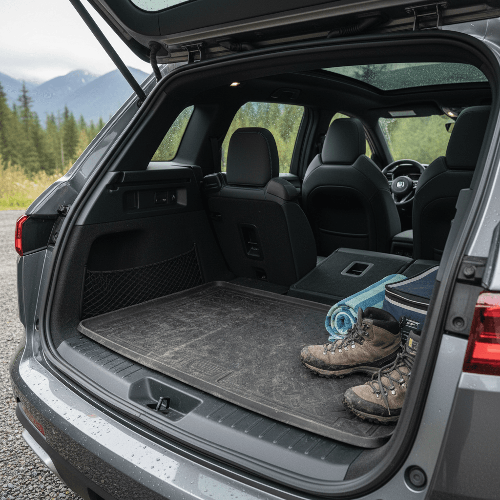 Fisker Ocean rear cargo area with rear seats up and one seat folded flat to show flexible loading options