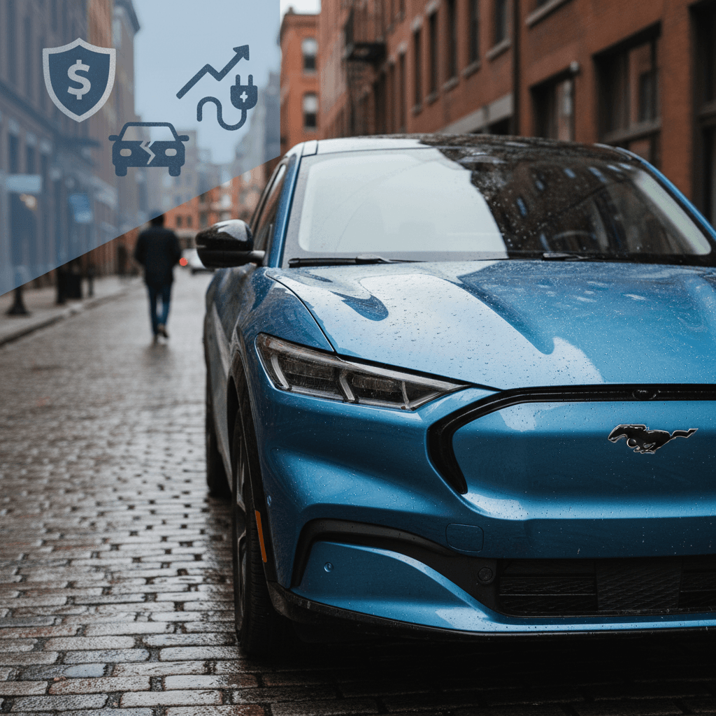 Blue Ford Mustang Mach-E parked on a city street, representing insurance cost factors for electric SUVs