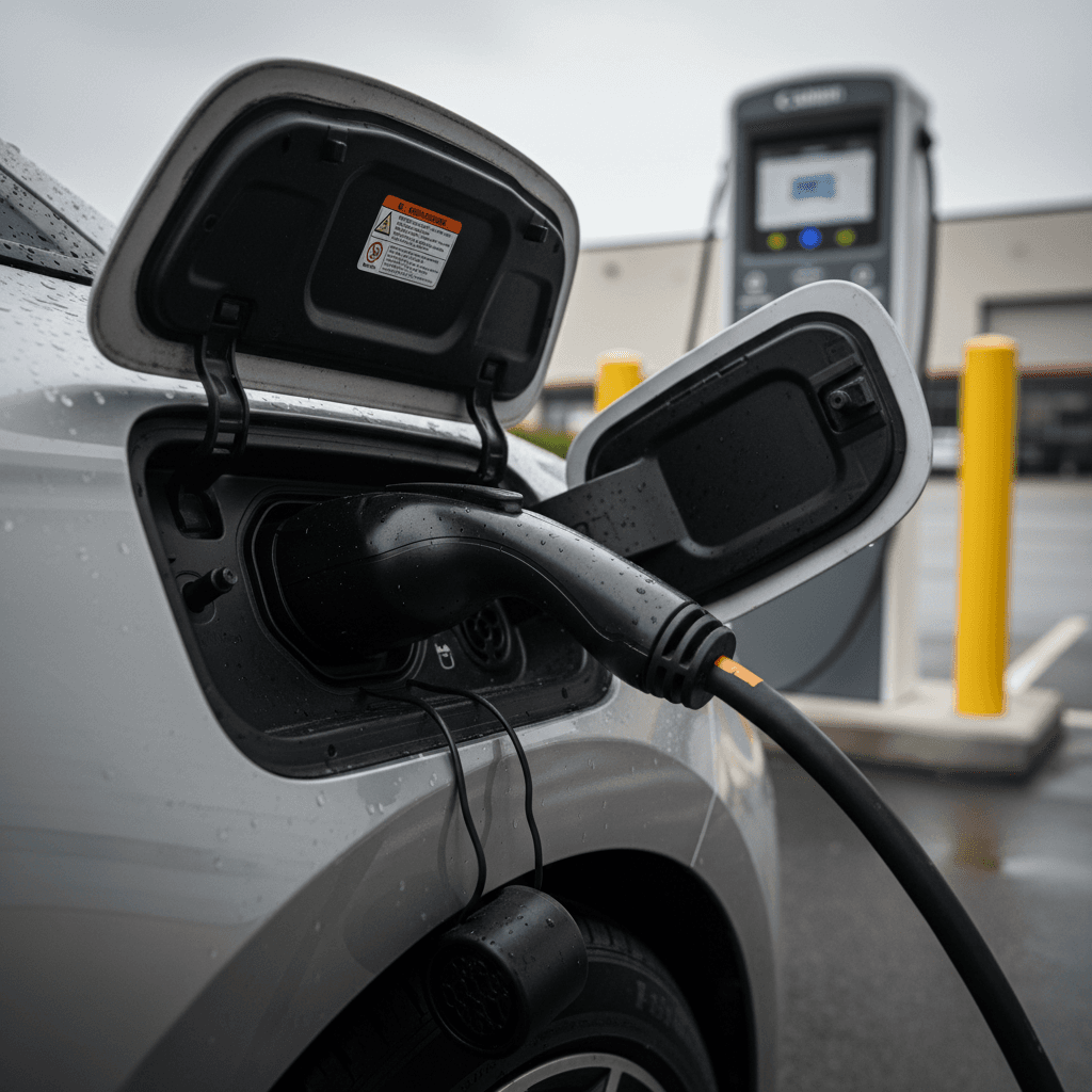 Detail of a Hyundai Ioniq 6 charging port and charge door while the car is plugged in