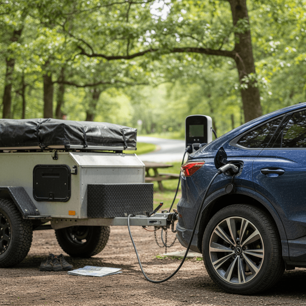 Audi Q4 e-tron hitched to a compact camping trailer while plugged into a DC fast charger