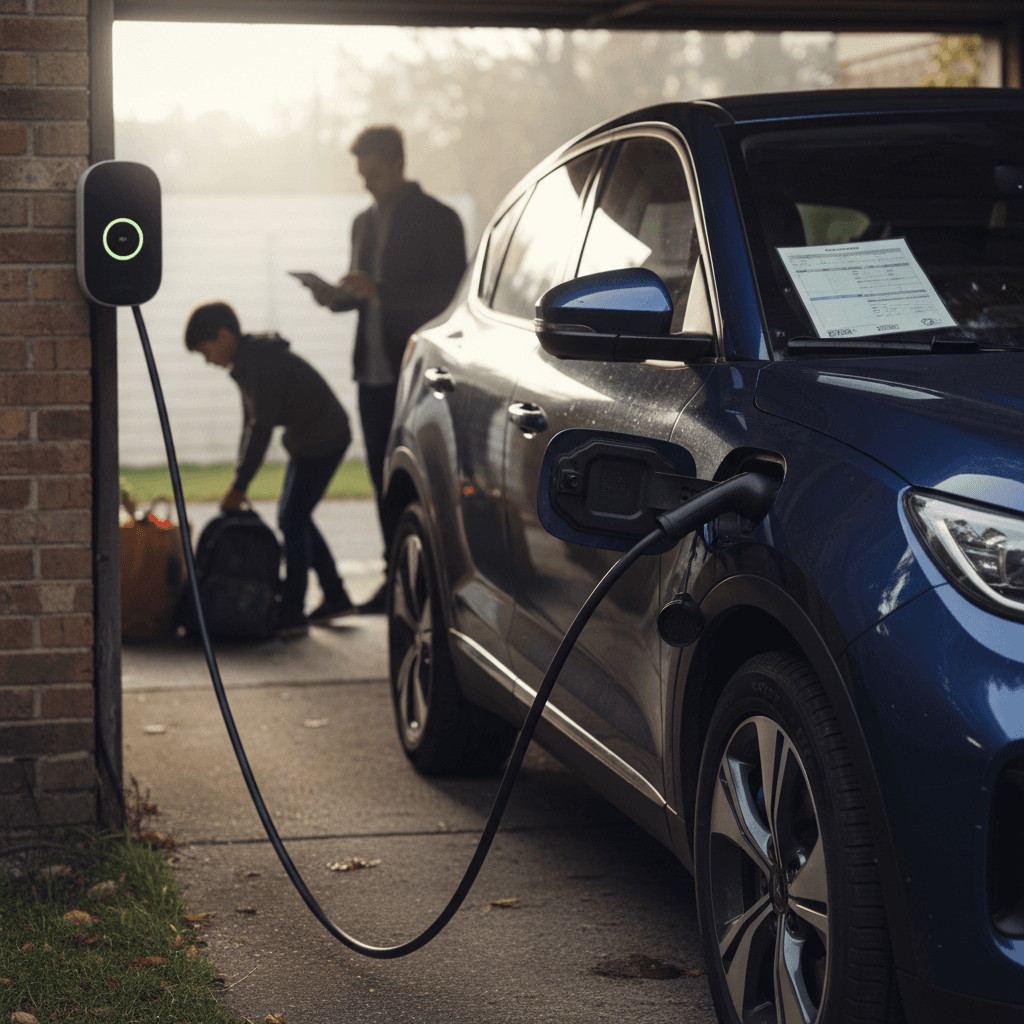 Public EV charging station sign showing electricity price per kWh