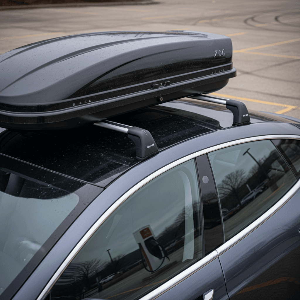 Tesla Model S with a factory roof rack and cargo box mounted over the glass roof