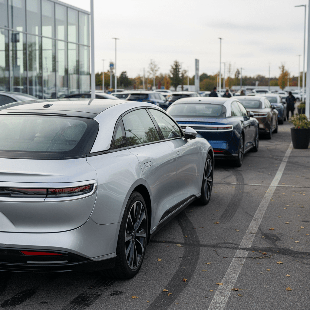 Row of used Lucid Air electric sedans parked at a dealership lot, illustrating the 2026 resale market