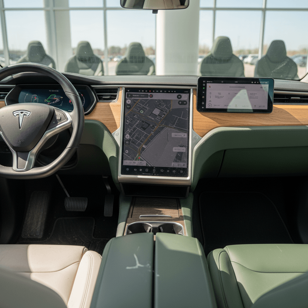 Side-by-side cockpit view of a used Tesla Model X and Rivian R1S showing their large central touchscreens and three-row interiors