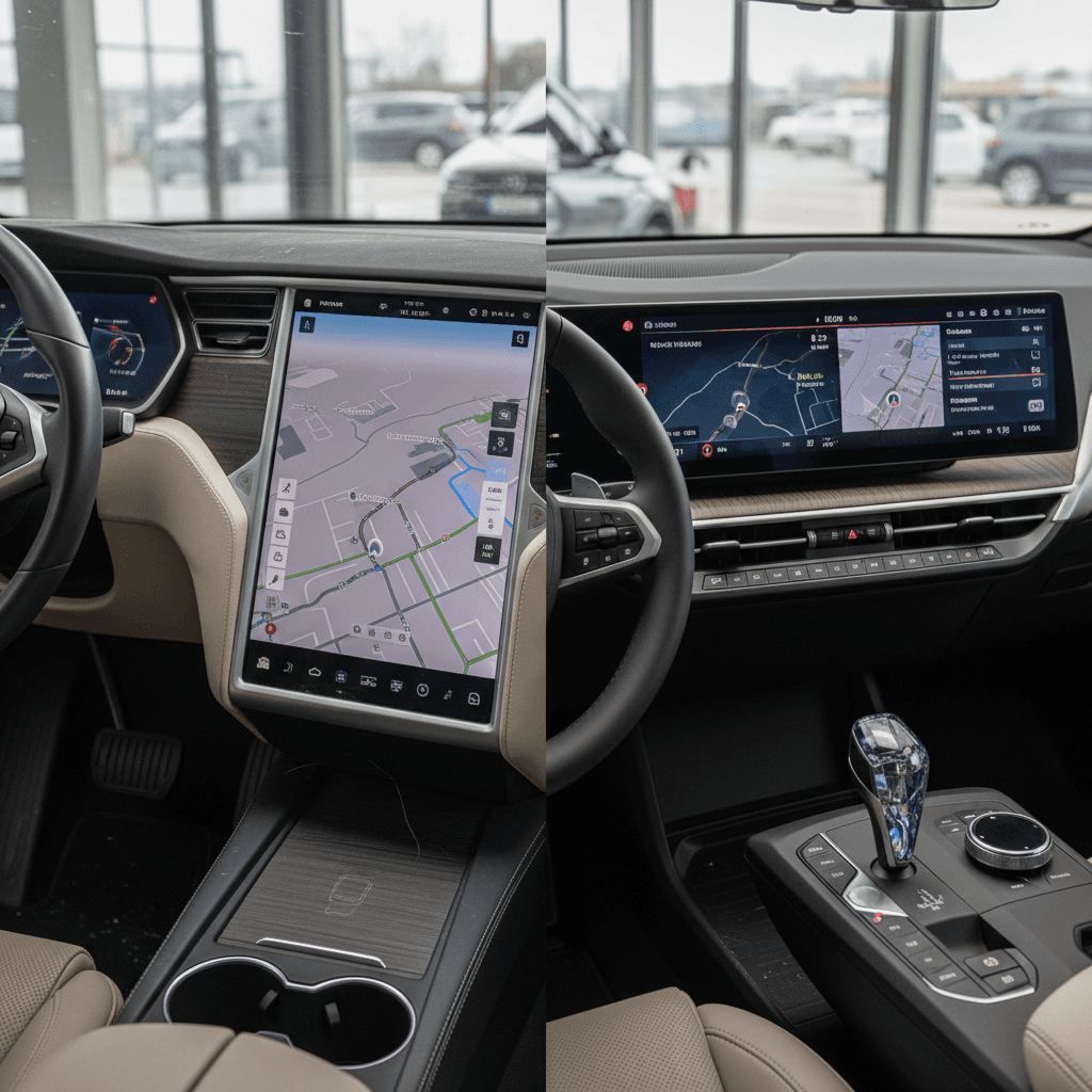 Side-by-side dashboards of Tesla Model X and BMW iX showing charging and navigation screens