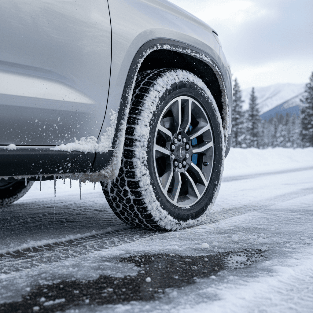 Close view of a Chevrolet Silverado EV’s front wheel and tire packed with snow on a winter road