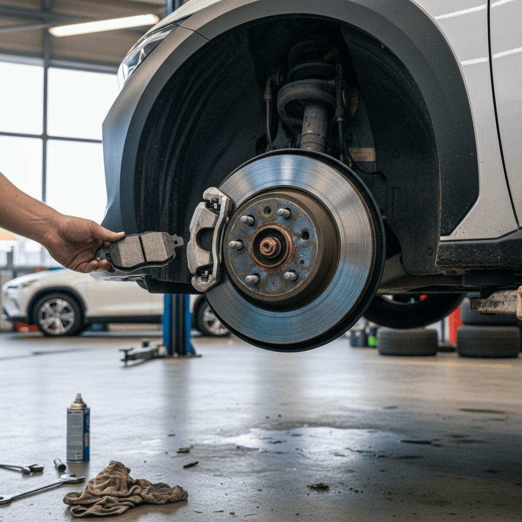 Technician replacing front brake pads and rotor on a Toyota bZ4X in a service bay